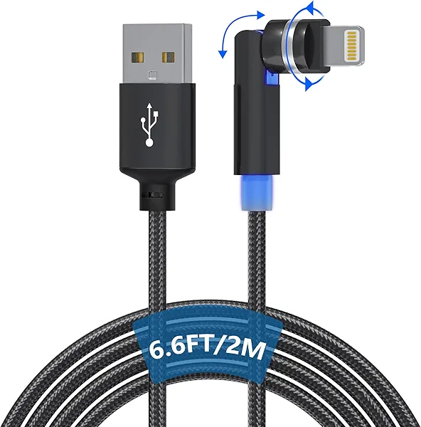 90 Degree Lightning Cable with 360 Degree Rotating Head 6.6FT [MFi & 2.4A Fast Charge & Data] Right Angle Nylon Braided iPhone Charger Cord Supports Apple Carplay iPhone14-5, Not Compatible with iPad