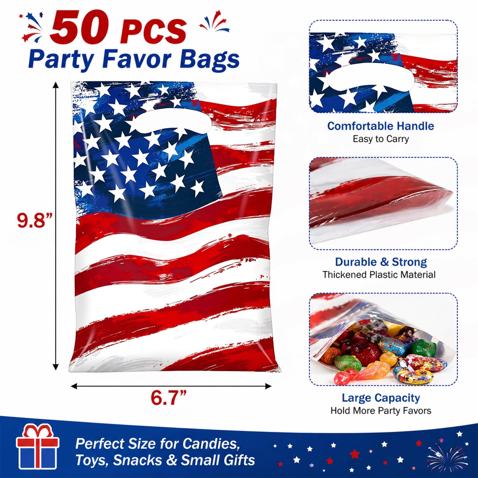50 Pack American Flag Party Favor Bags, Patriotic Plastic Goodie Treat Gift Bags for 4th of July, Independence Day, Memorial Day, Veterans Day, USA Flag Candy Loot Bags, Patriotic Party Supplies