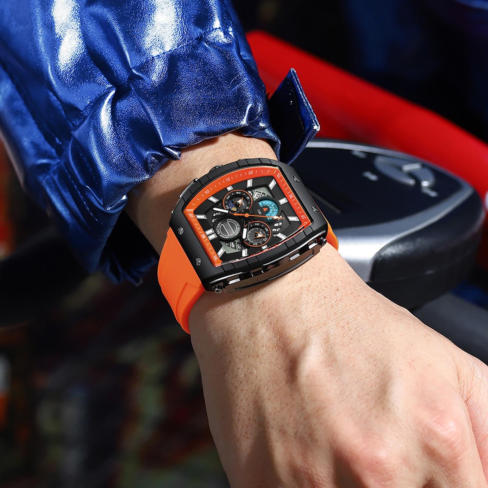 findtime Orologio da uomo con cronografo, analogico, sportivo, impermeabile, da corsa, cronometro, con fasi lunari luminose, unico Tonneau, orologi da uomo di seconda mano