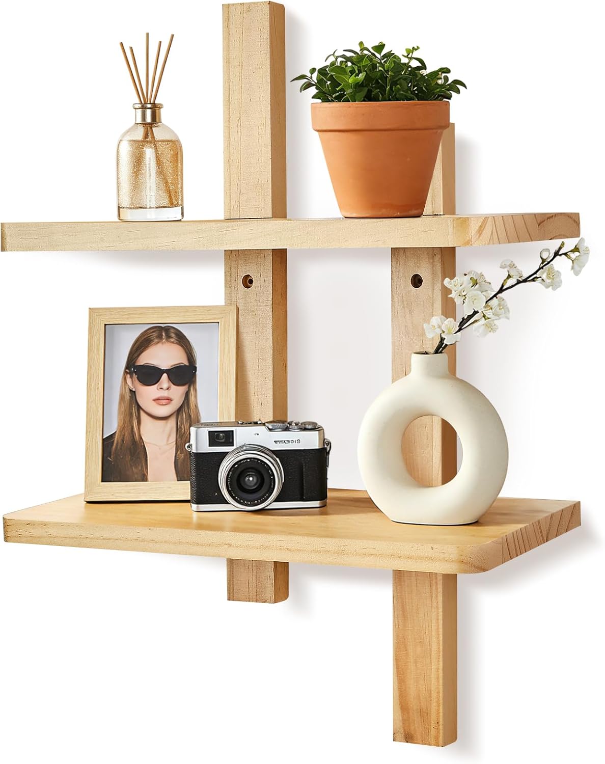 Floating Wall Shelves, Decorative Display Shelves with Wood Finish, 2-Tier Design