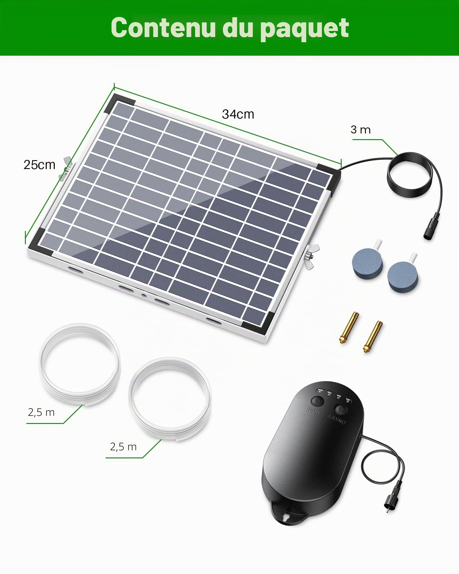 Biling Aérateur de Bassin Solaire 15W avec 4400mAh Batterie, Pompe à Air Solaire Double Sortie Fonctionne Jour et Nuit, Oxygénateur Étanche IPX5 pour Étang de Jardin, Aquarium, Bassin à Poissons