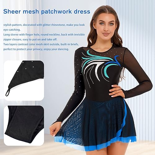 Miniatura 6 de Vestidos líricos de patinaje artístico para mujer, leotardos de baile de diamantes de imitación, uniformes de baile de ballet mayorette