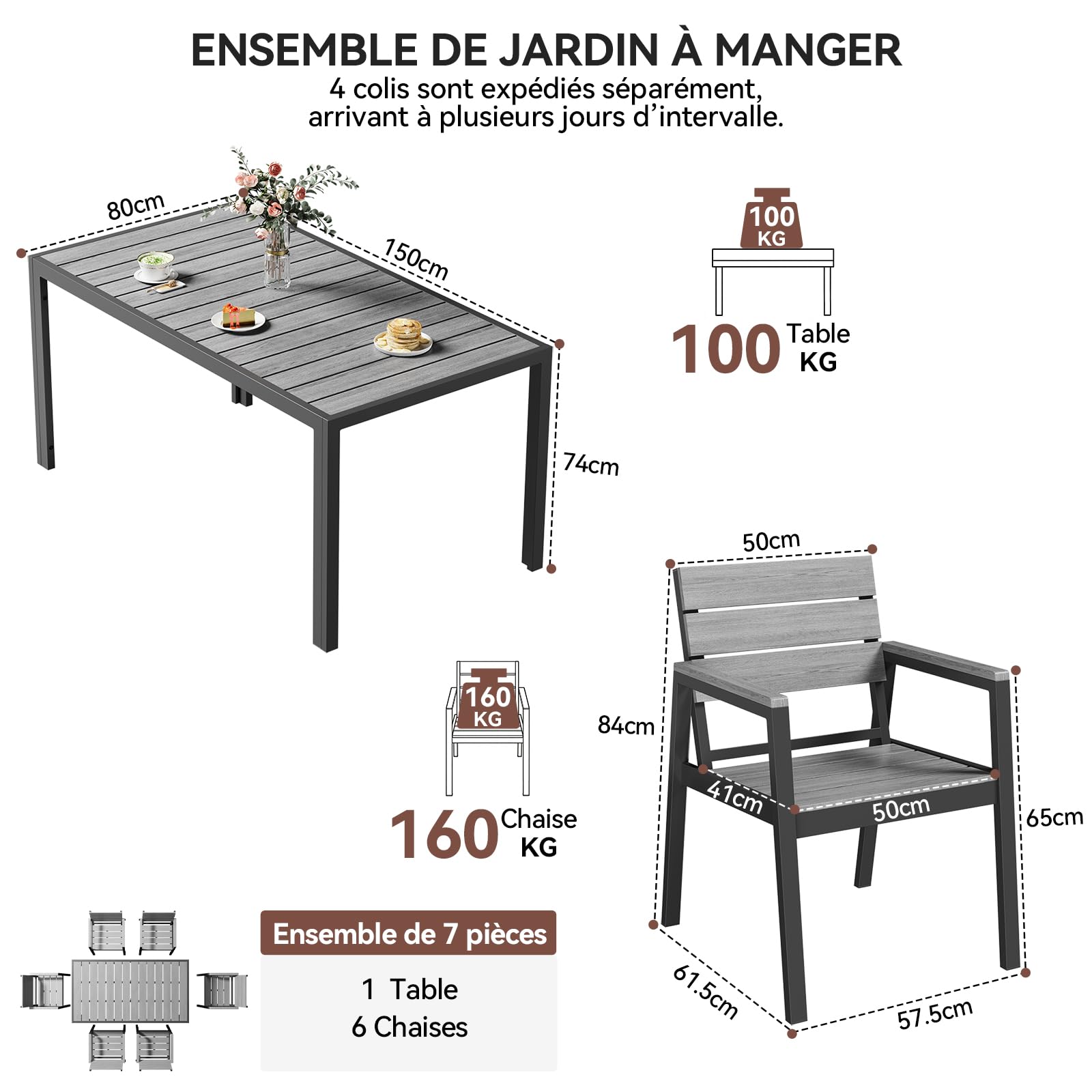 Devoko HDPS Conjunto de jardín de exterior de 7 piezas, resistente a la intemperie,con mesa de 150 cm y 6 sillas de jardín de exterior de aluminio,acabado imitación madera y fácil mantenimiento (gris)