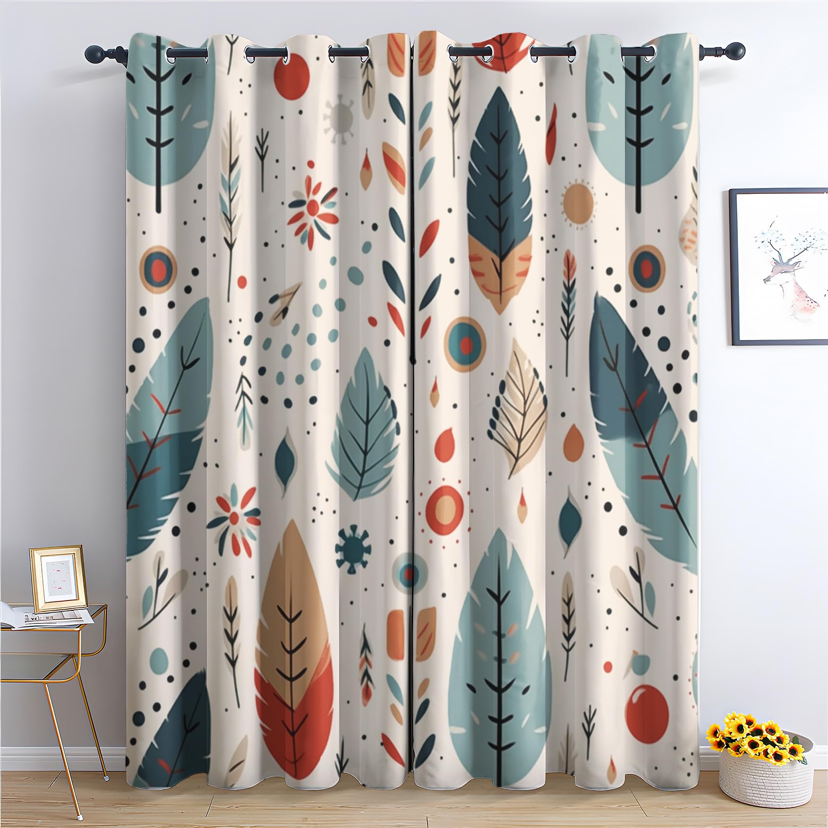 Rideau Occultant Plume De Bohème, Bohémien Motif Rideaux Thermiques à Oeillets, Rideaux Imprimé pour Salon Chambre Fenetre Moderne Décoration, 140x160 cm (L x H), Lot de 2