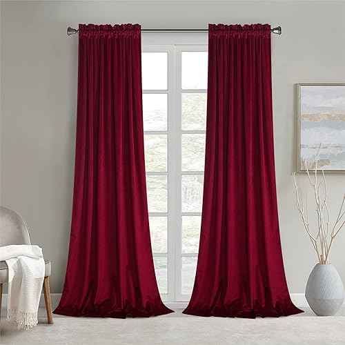 Roslynwood - Cortinas de terciopelo rojo rosado, aislamiento térmico, oscurecimiento, para la sala, decoración de casa en vacaciones, fondos de