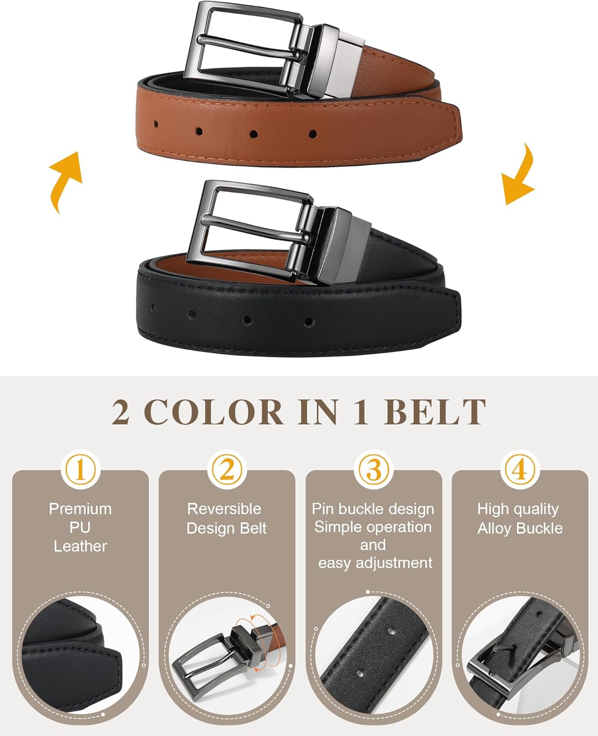 AWAYTR Reversible Kids Belts for Boys - Black and Brown Leather Belt for School Uniform Casual Jeans - Image 3
