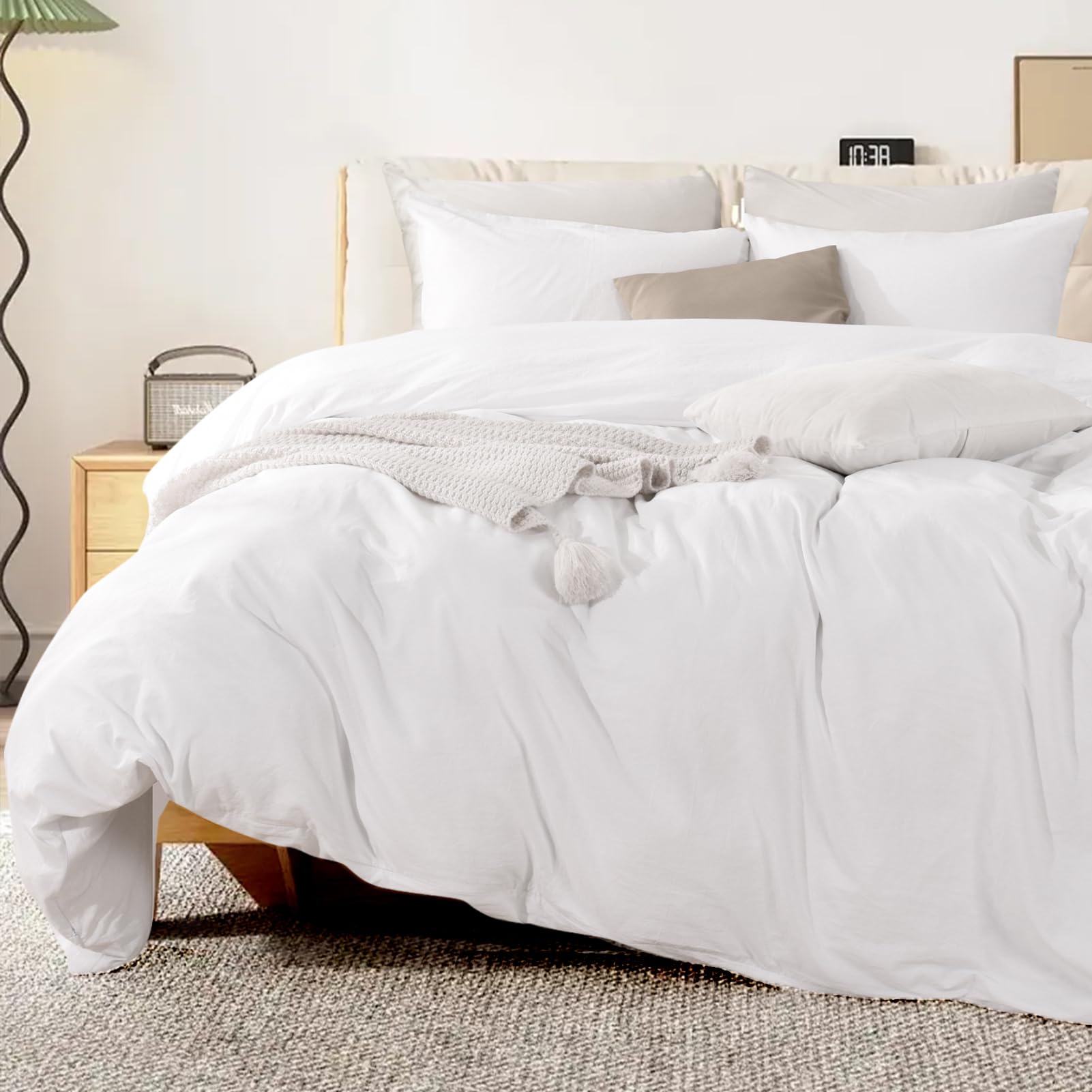 NEXHOME PRO Cotton Duvet Cover Kids Twin Size Linen Look White Organic Natural 100% Washed Cotton Duvet Cover Set 2 Pieces Bedding Set with Zipper Closure and Corner Ties, Breathable(No Comforter)