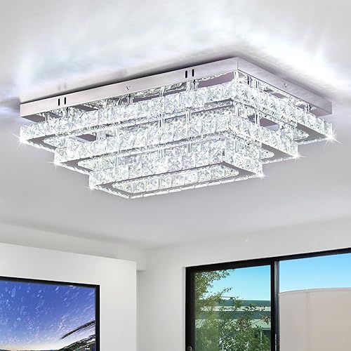 Miniatura 7 de Finktonglan Lámpara de techo LED cuadrada de cristal, lámpara de techo moderna de 15 pies, lámpara de techo de 3 niveles para sala de estar, comedor