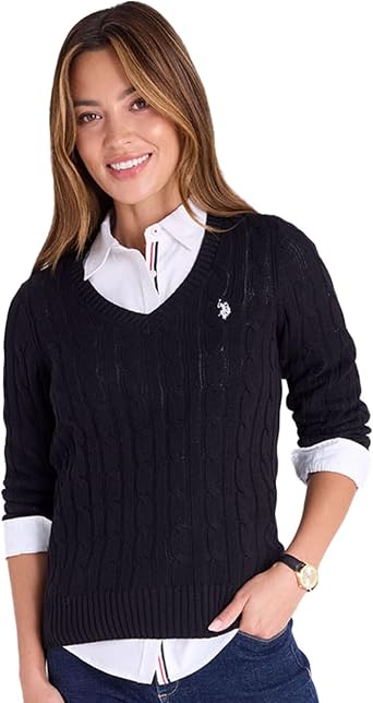 U.S. POLO ASSN. Womens Cable Sweater - Soft Knit, Embroidered Pony Logo, Ribbed Trims, Casual Cozy Pullover