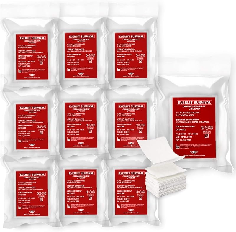 Everlit [paquete de 10] gasa estéril comprimida plegada en Z, 4.5" x 4.1 yardas, algodón blanco de 6 capas, kit esencial de primeros auxilios y parada de sangrado para uso doméstico, médico y de emergencia táctica (10)