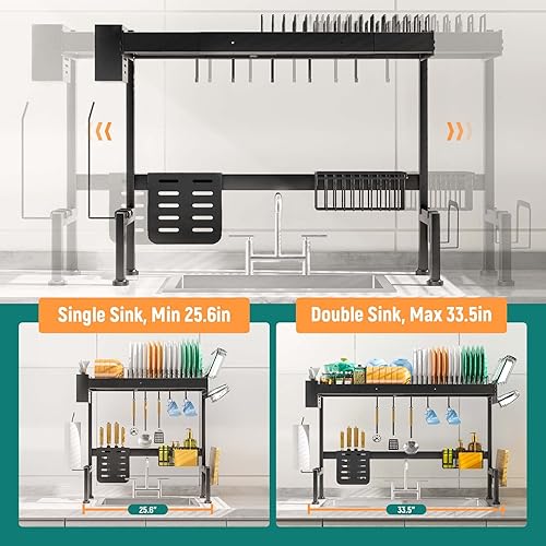 Miniatura 4 de Lanoved Escurridor de platos ajustable sobre el fregadero 256-335 escurridor de platos de acero inoxidable de 2 niveles escurridor grande para