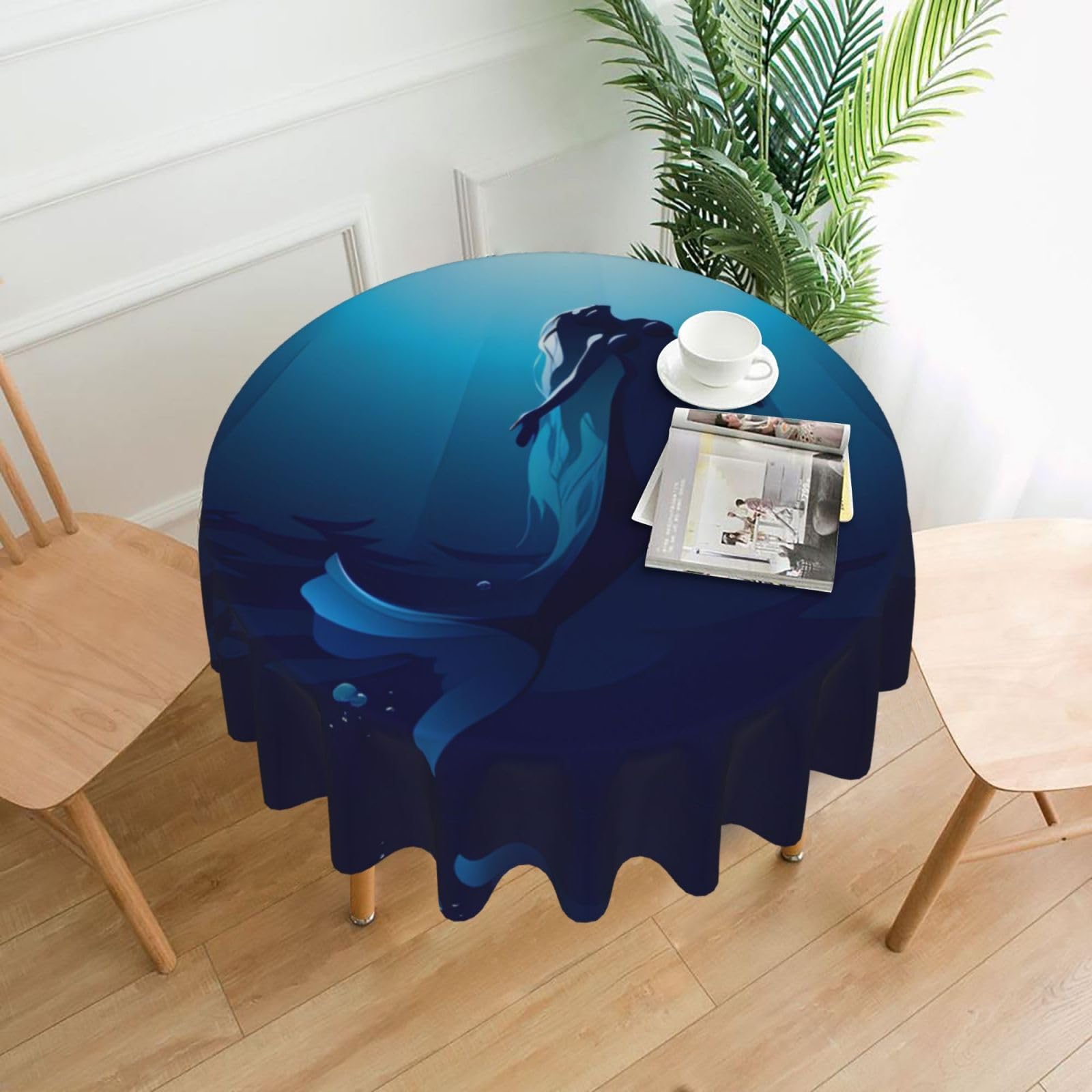 YYHHAOFA Blue Mermaid Prints Round Decorative Tablecloth 60in - High-Grade Polyester Throw for Dining Tables, Parties, & Outdoor Events