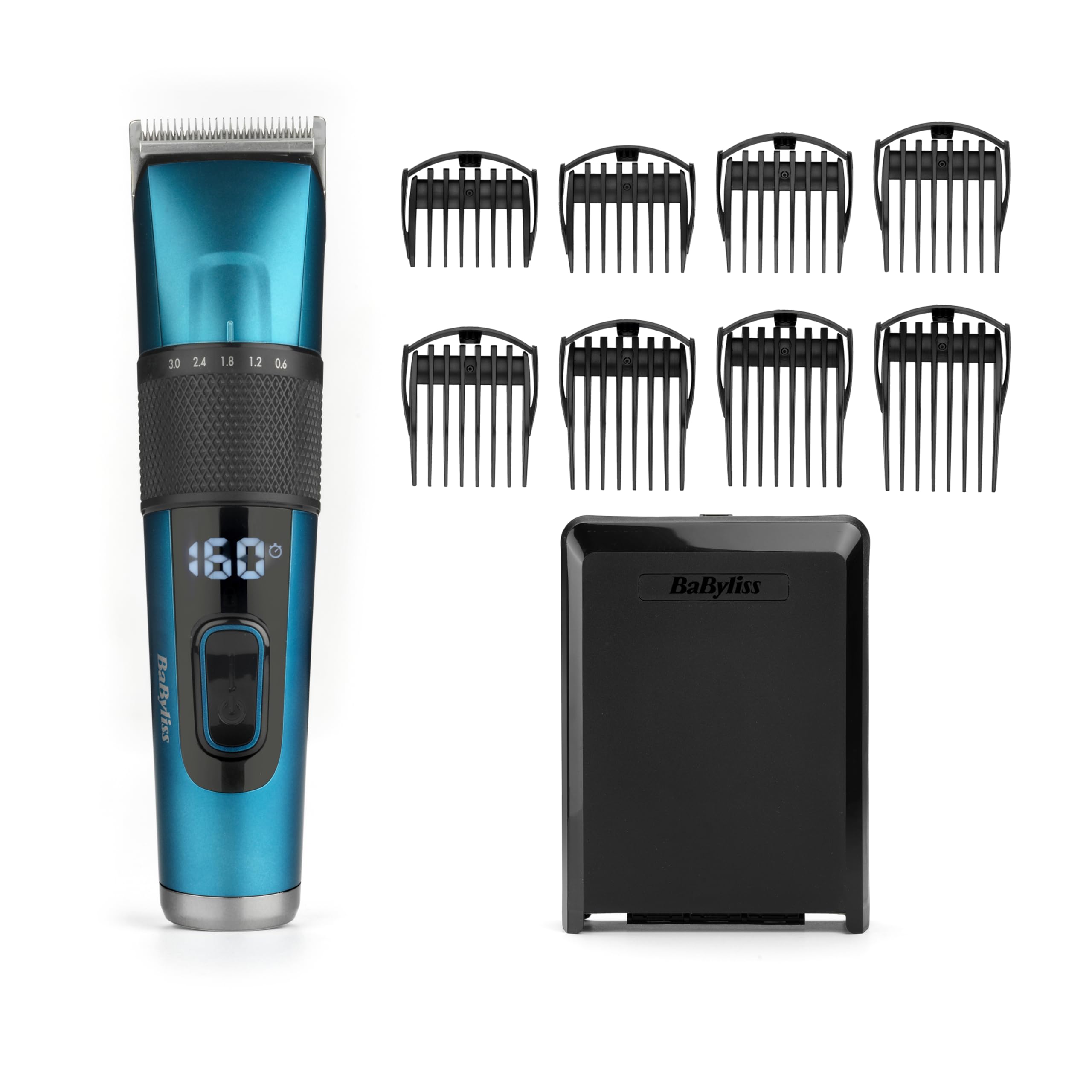 BaBylissMEN E990E Cortapelos Profesional Digital, Cuchillas de acero japonés extra afiladas de 45mm, Con/Sin cable, Batería de Litio, 160 min autonomía, carga rápida, 8 guías de corte de 0,6mm a 28mm