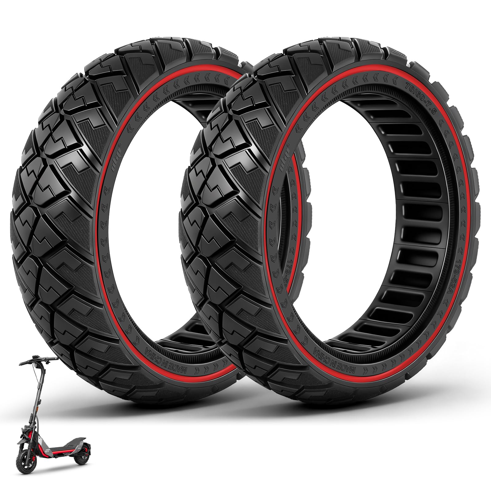 70/60-7,5 Pneu Plein pour Segway ZT3 Pro, ZT3 Pro D et E Trottinettes électriques, Pneus de Remplacement. Pneus Pleins Tout-Terrain Antidérapants, Increvables (Rouge, 2 Pièces)