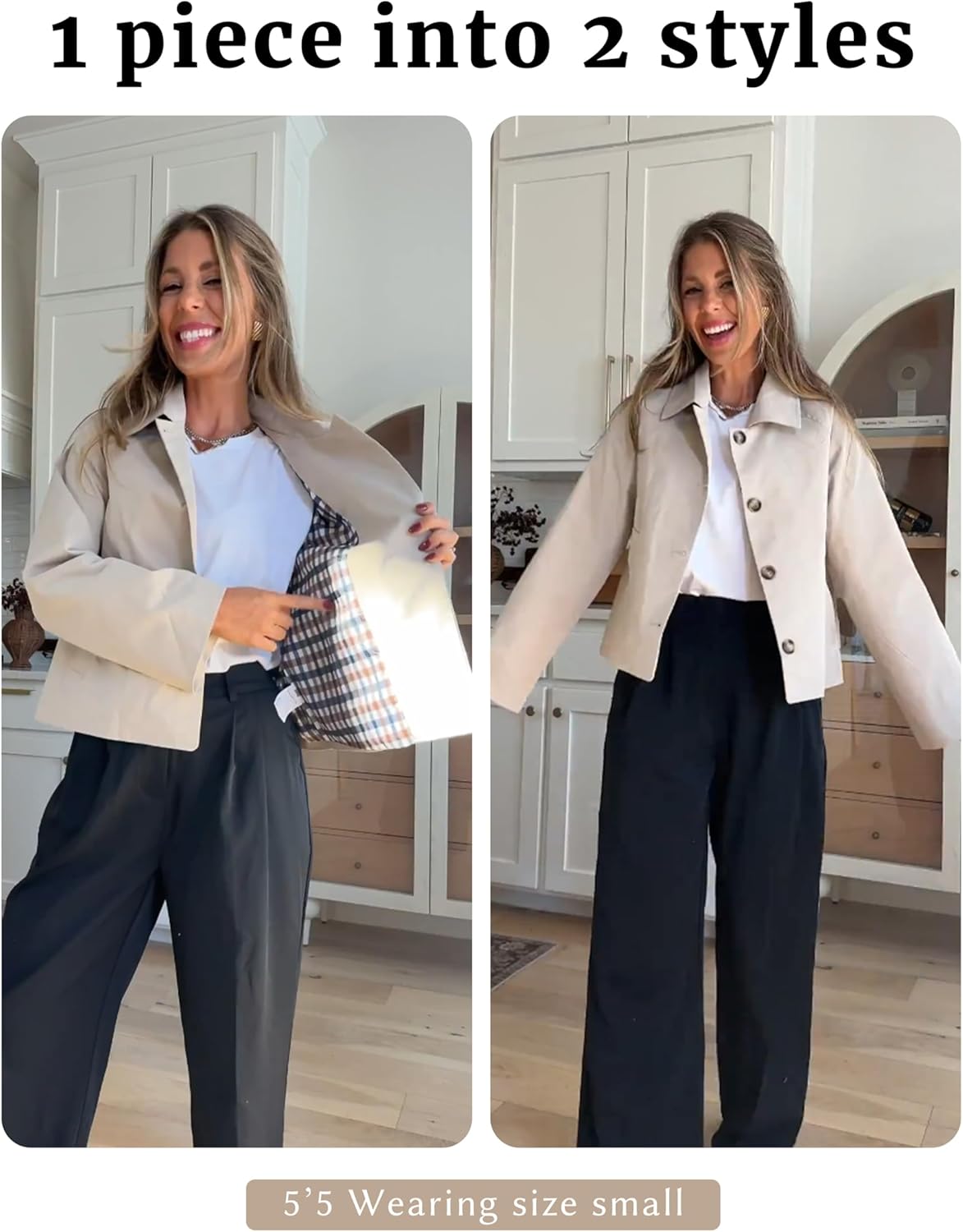 Dqbeng Womens Short Trench Jacket Plaid Lining Button Front Lightweight Classic Casual Outerwear with Pockets - Image 9