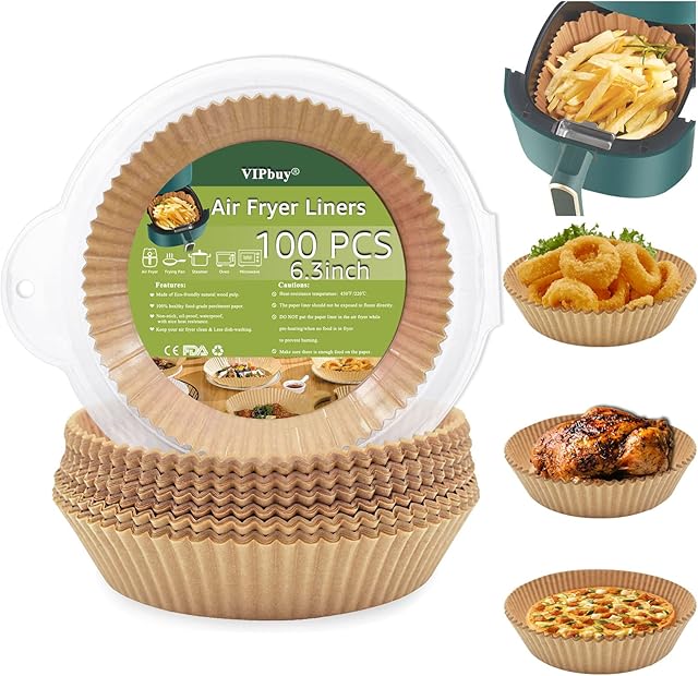 VIPbuy 100pcs Air Fryer Disposable Paper Liners, (6.3 inches/16cm)Nonporous Round Non-Stick Food Grade Parchment Paper Oil-Proof Water-Proof Baking Paper for Air Fryer, Steamer, Microwave, Oven