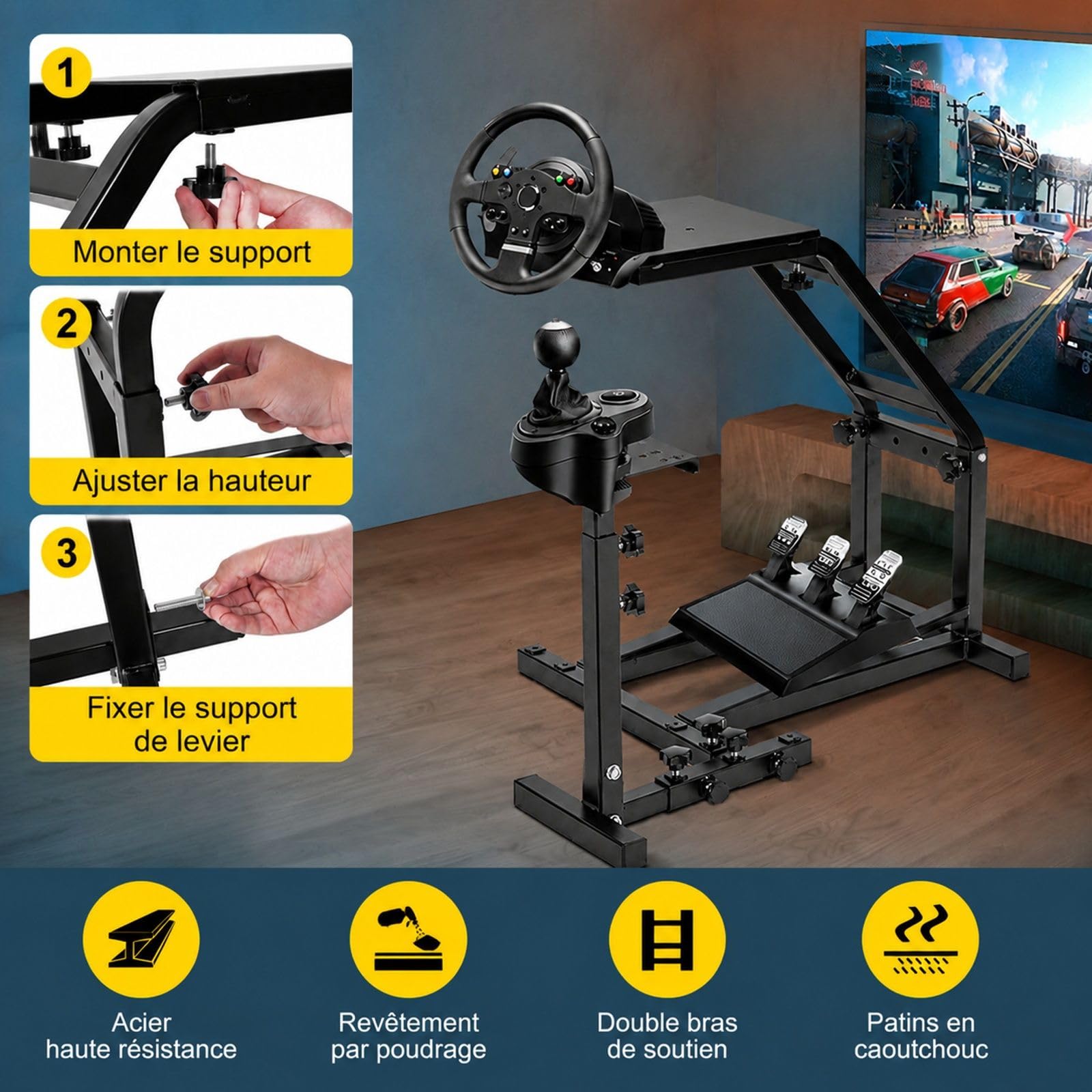 Support de volant de course noir réglable avec support pour pédales et levier de vitesse, pour installation de simulation à domicile