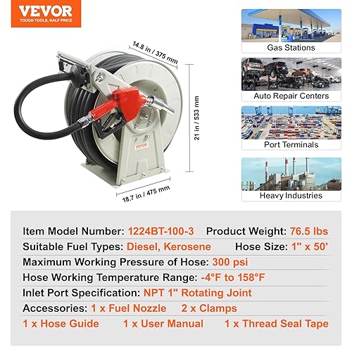 Miniatura 26 de VEVOR Carrete de manguera de combustible, 3/4 pulgadas x 66 pies, carrete de manguera diésel retráctil extra largo, construcción de acero al carbono