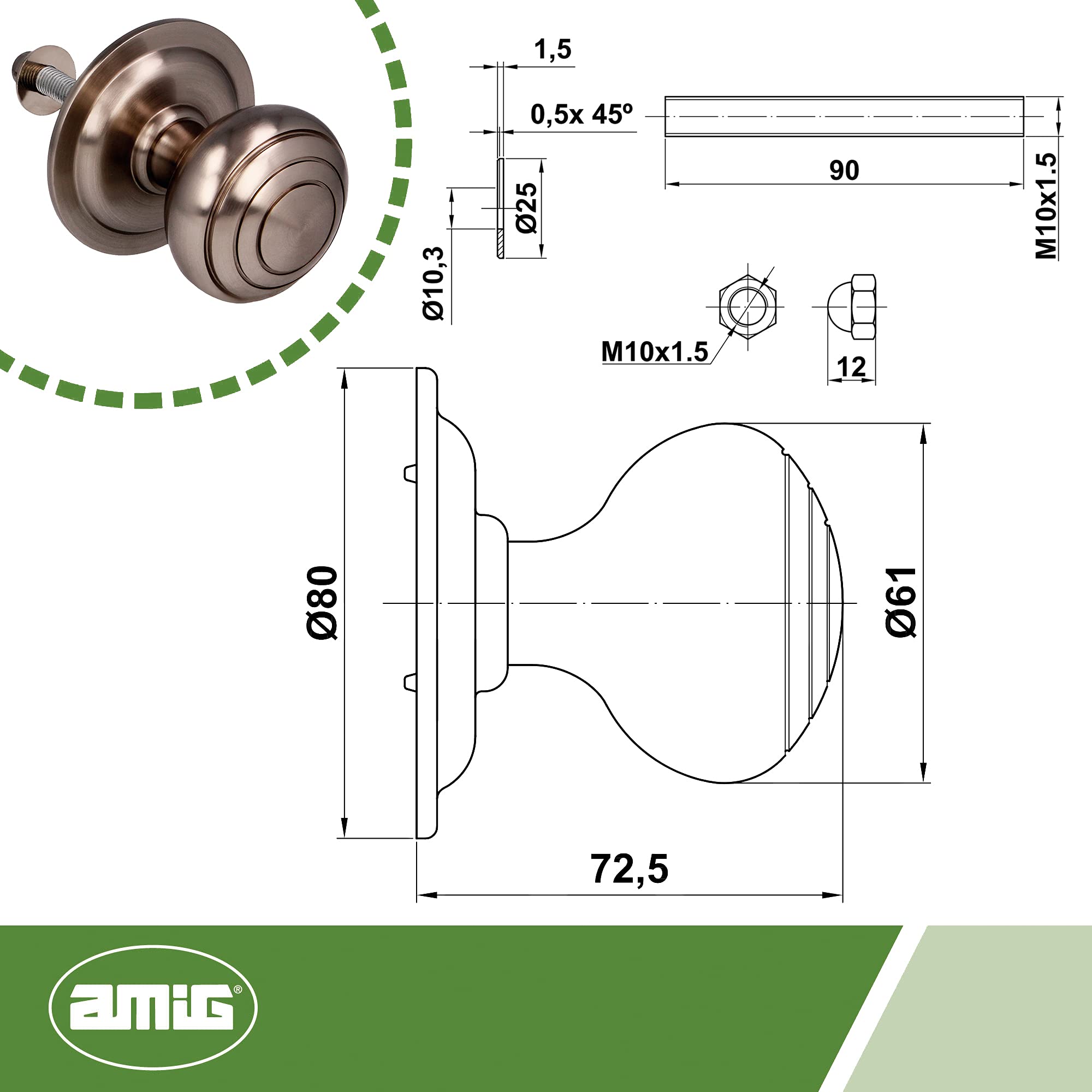 Amig - Pomo Mod 14 Plateado Redondo de Latón Macizo con Acabado Cromado Mate para Puertas Exteriores de Entrada - Diámetro Tirador Ø61 mm · Altura 72,5 mm - Incluye Tuerca de Fijación