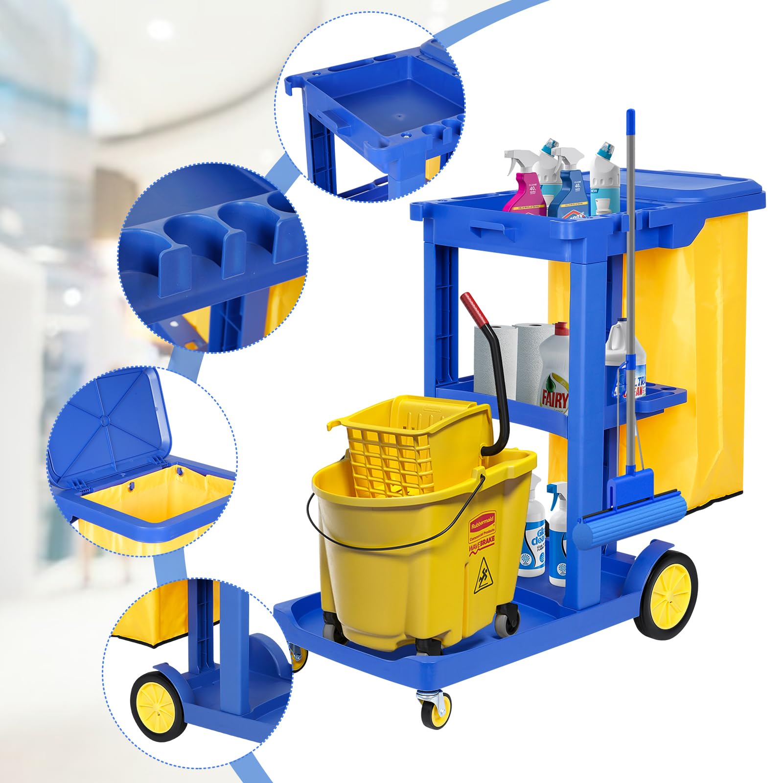 bimiti Carro de limpieza con bolsa de basura de 65 litros, 83 x 46 x 90 cm, 3 niveles, carrito de limpieza profesional, carrito de limpieza con 4 ruedas, para servicio de hotel, centros comerciales,