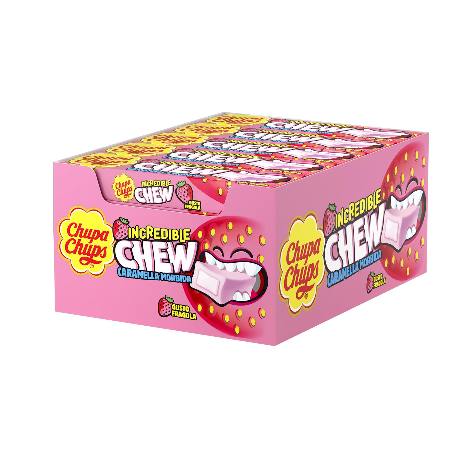 Chupa Chups Incredible Chew Strawberry, Gusto Fragola, Caramelle Morbide, Confezione da 20 Stick, Incredibile Esplosione di Gusto