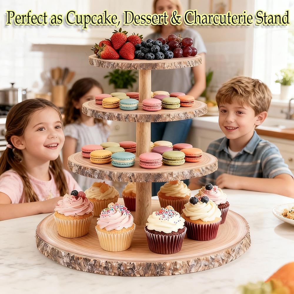 Cupcake Stand, 4 Tier Large Cupcake Stand Rustic Dessert Table Display Set Wood Cupcake Tower Cake Stand Tiered Tray Stand for Wedding Birthday Shower Comes with 10 Sets Wooden Utensils