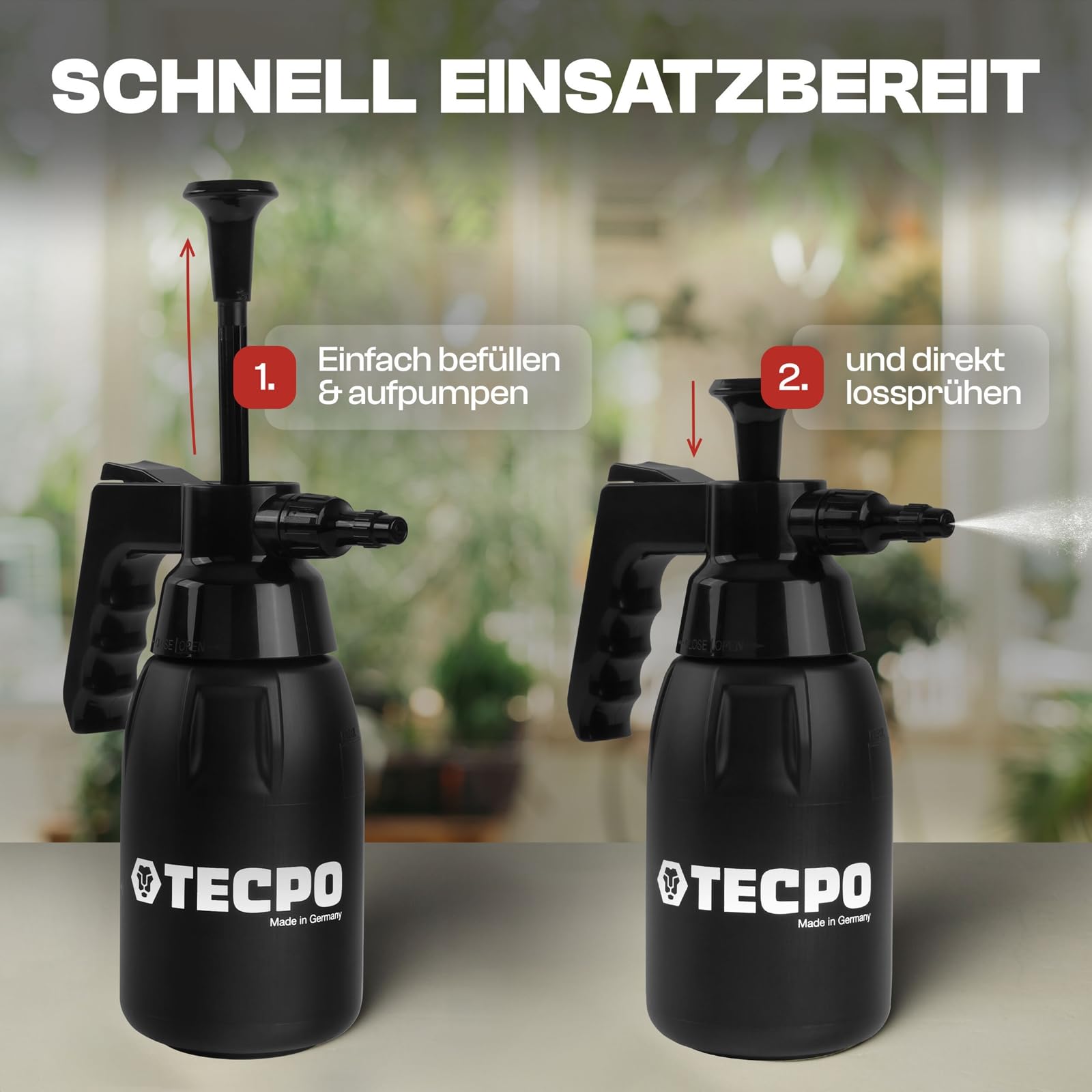 TECPO 3x Druckpumpzerstäuber 1L für Bremsenreiniger, Chemikalienbeständig, verstellbare Düse, 3 bar Druck, ergonomischer Griff, nachhaltiges Bio-PE, Pumpsprühflasche für Reinigung & Industrie