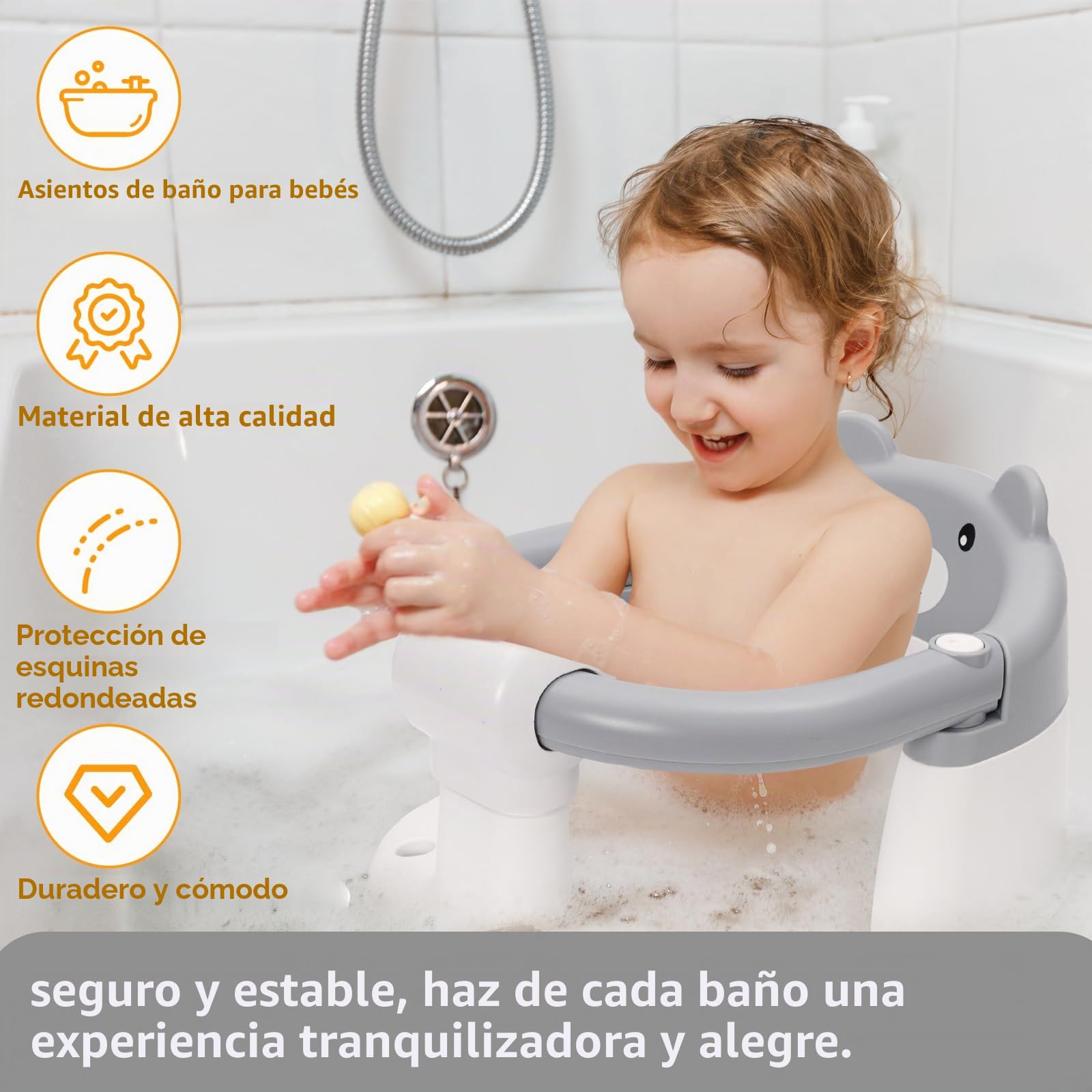 Asiento de Baño para Bebé 6-24 Meses, Silla Baño Bebe con 4 Fuertes Ventosas, Respaldo Ergonómico, Barra de seguridad, Antideslizante y Cómoda, Regalo para Recién Nacidos y Nuevas Madres(Gris)