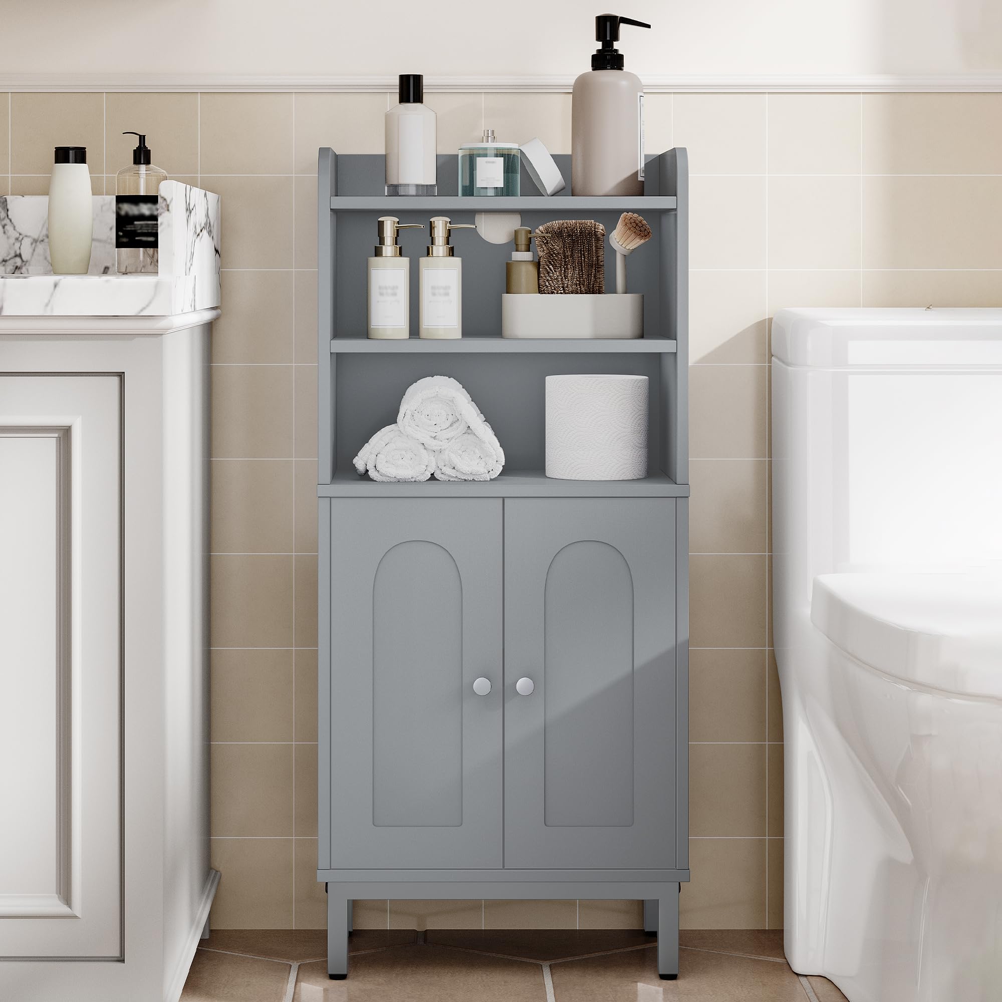 Hzuaneri Bathroom Storage Cabinet, Slim Bathroom Floor Cabinet with 2 Door and Adjustable Shelf, Wooden Freestanding Storage Unit for Dining Kitchen Living Room, Grey BC48221GR