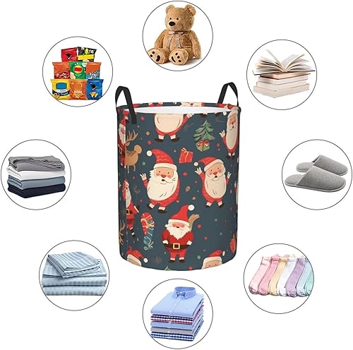Miniatura 6 de Cesta circular con estampado navideño de Papá Noel, impermeable, cesta organizadora de lavandería, con asas, para ropa, juguetes, tamaño mediano