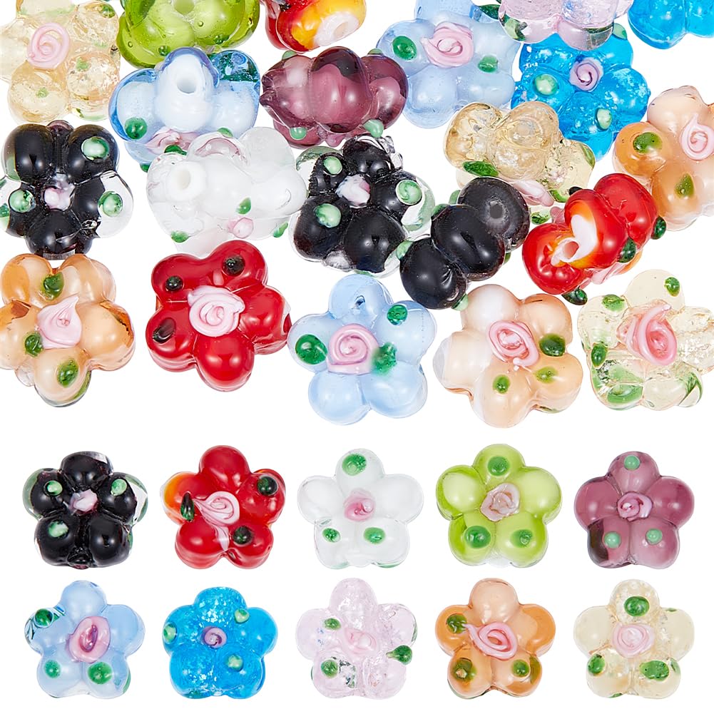 SUNNYCLUE 1 Box 40Pcs 10 Colors Flower Beads Lampwork Glass Bead Kit Colorful Transparent Shiny Floral Flowers Charm Loose Spacer Handmade Beads for Jewelry Making Bracelet Necklace DIY Craft Supplies