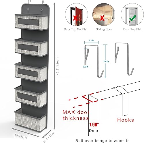 Miniatura 4 de Organizador colgante para colgar sobre la puerta con 5 bolsillos grandes, organizador de almacenamiento de tela para montar en la parte trasera de