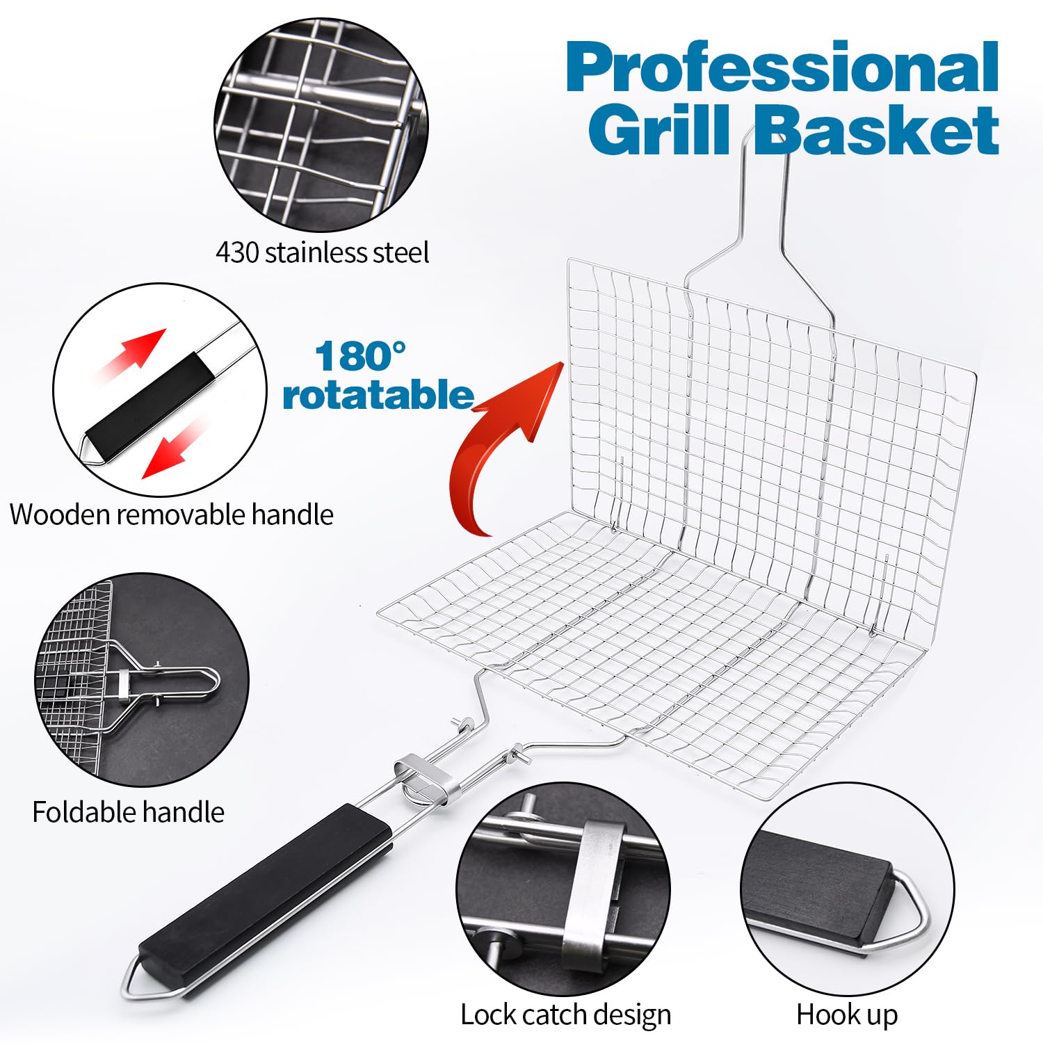Cesta para parrilla, cesta de parrilla con cepillo de limpieza de parrilla, cesta plegable de acero inoxidable, para pollo, carne, filetes, chuletas (2 cestas grandes para parrilla + 2 cepillos)