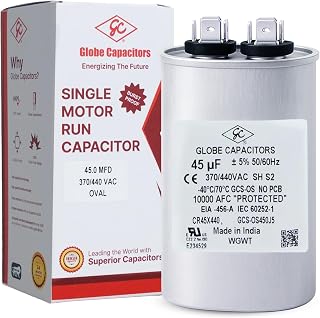 Globe Capacitor, Oval Run Start, 45MFD CBB65 Single Element, 370V/440V