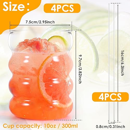 Miniatura 4 de Juego de 4 vasos de vidrio acanalados con pajitas de vidrio, vasos de café helado estéticos de 10 onzas, vasos de burbujas, cristalería acanalada,