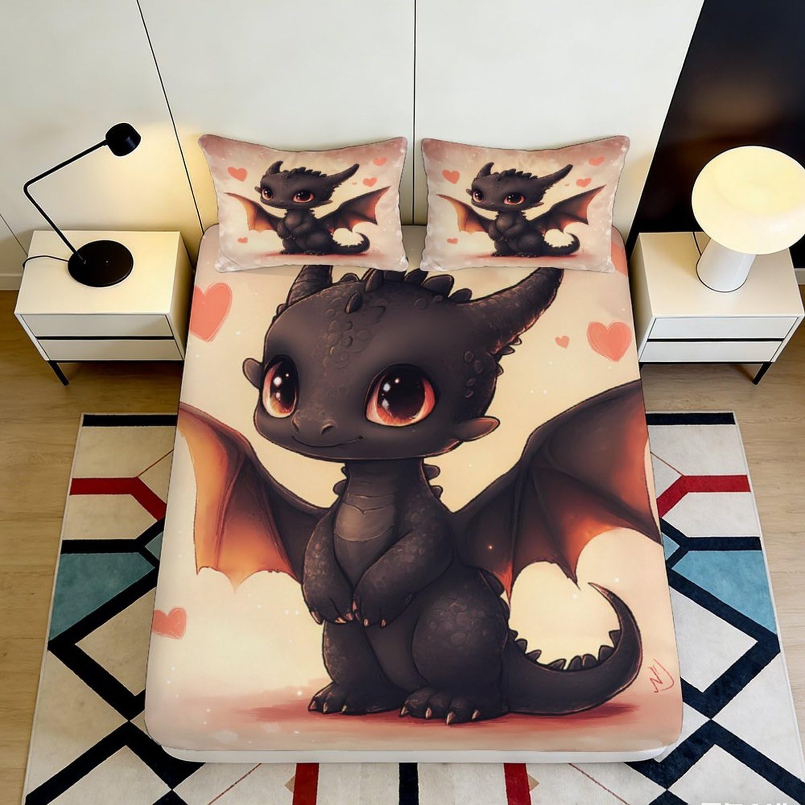 3D Printed Cute Dragon Fitted Sheet Microfiber Soft Breathable Cartoon Character Bed Cover for Bedroom Dormitory Guest Room Mattress Protection 200x200x25cm