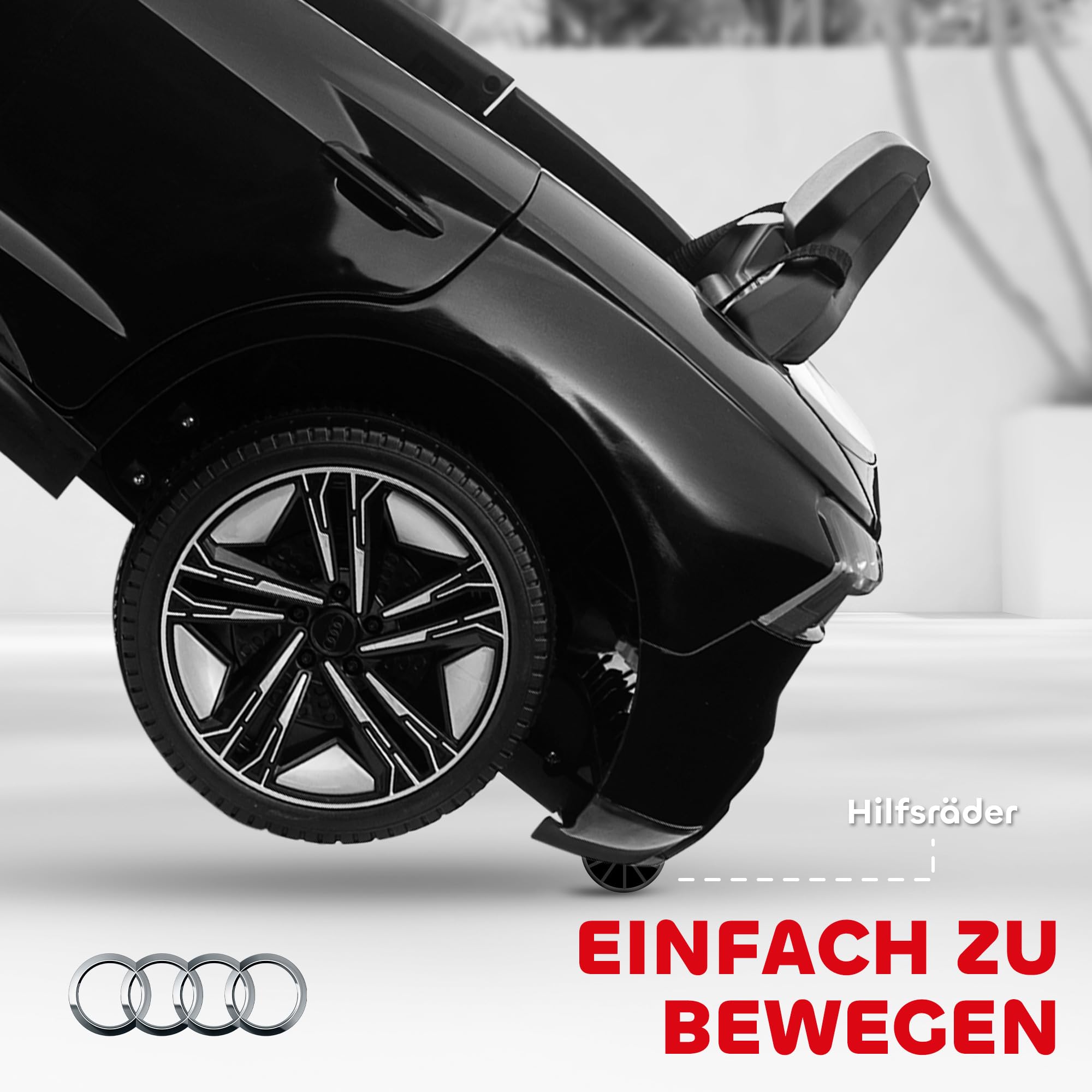 HOMCOM Kinder Elektroauto Audi RS E-tron GT 12V Kinderauto 2 Motor Schwarz | 2,4 GHz Fernbedienung, Hupe, LED, Musik, Sanftstart, Hilfsrad, für 3-5 Jahre Kinder