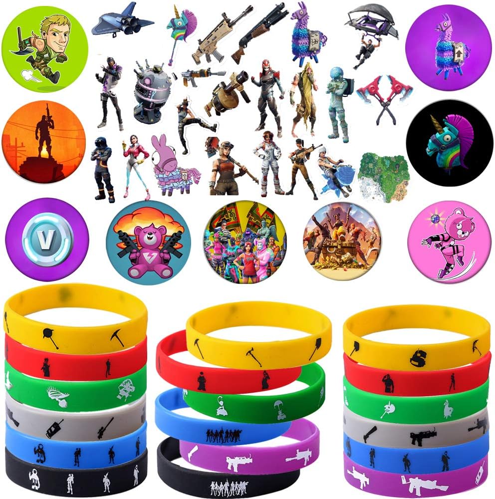 Game Party Supplies, 76 Pack Gaming Gift Set Party Favors - Include 24Pack Game Bracelet, 12 Pack Badge, Set of 40 Stickers for Kids+