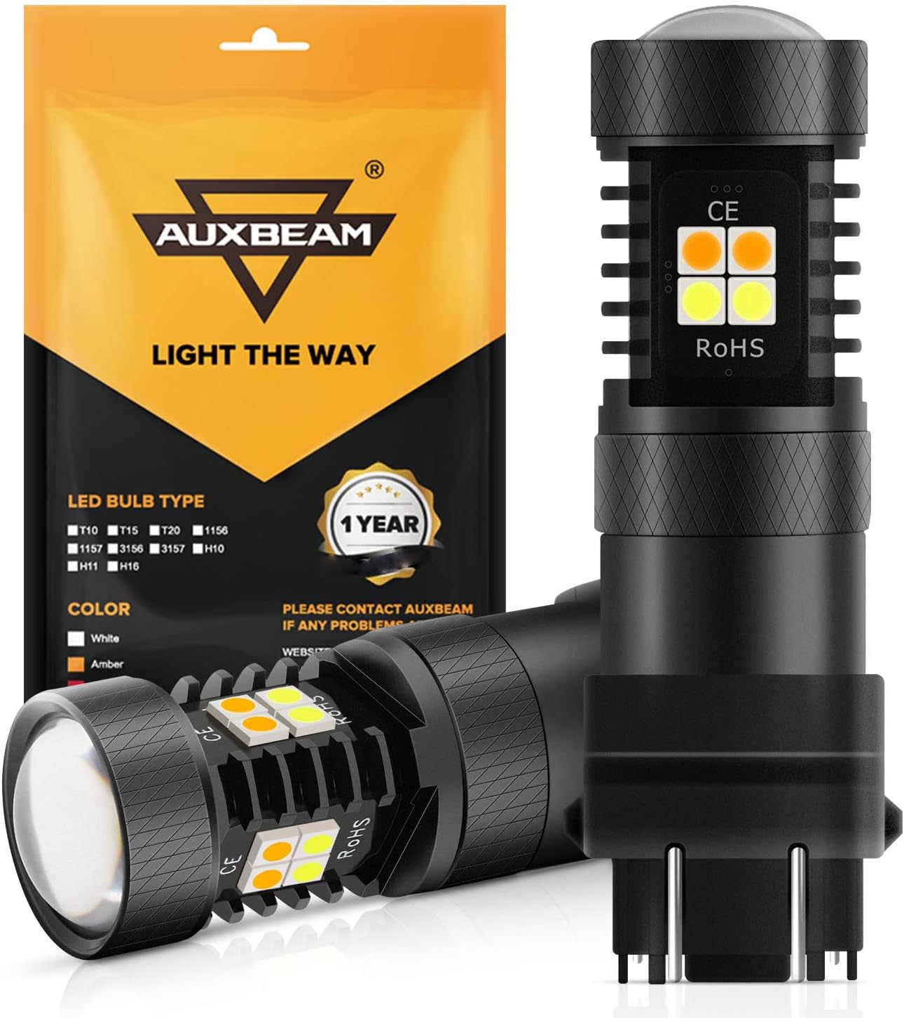 Auxbeam 3157 LED Bulbs, T25 3157 Switchback Light Bulbs 800 Lumens 3157/P27/5W 3030 SMD Chips LED Bulb White and Amber Dual Color for Car DRL, Turn Signal Lights, Parking Lights (Set of 2)