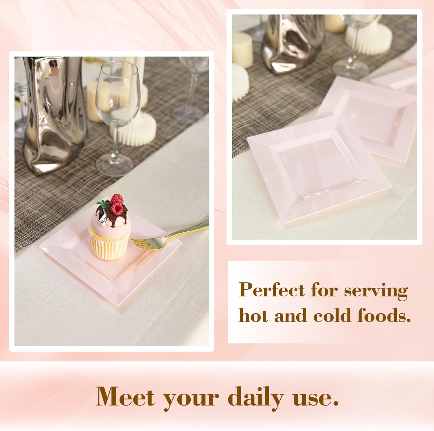 100 Pack Pink Dessert Plastic Square Plates, 6.5" Disposable Salad Plates Heavy Duty Plates for Party, Wedding, Christmas, Easter