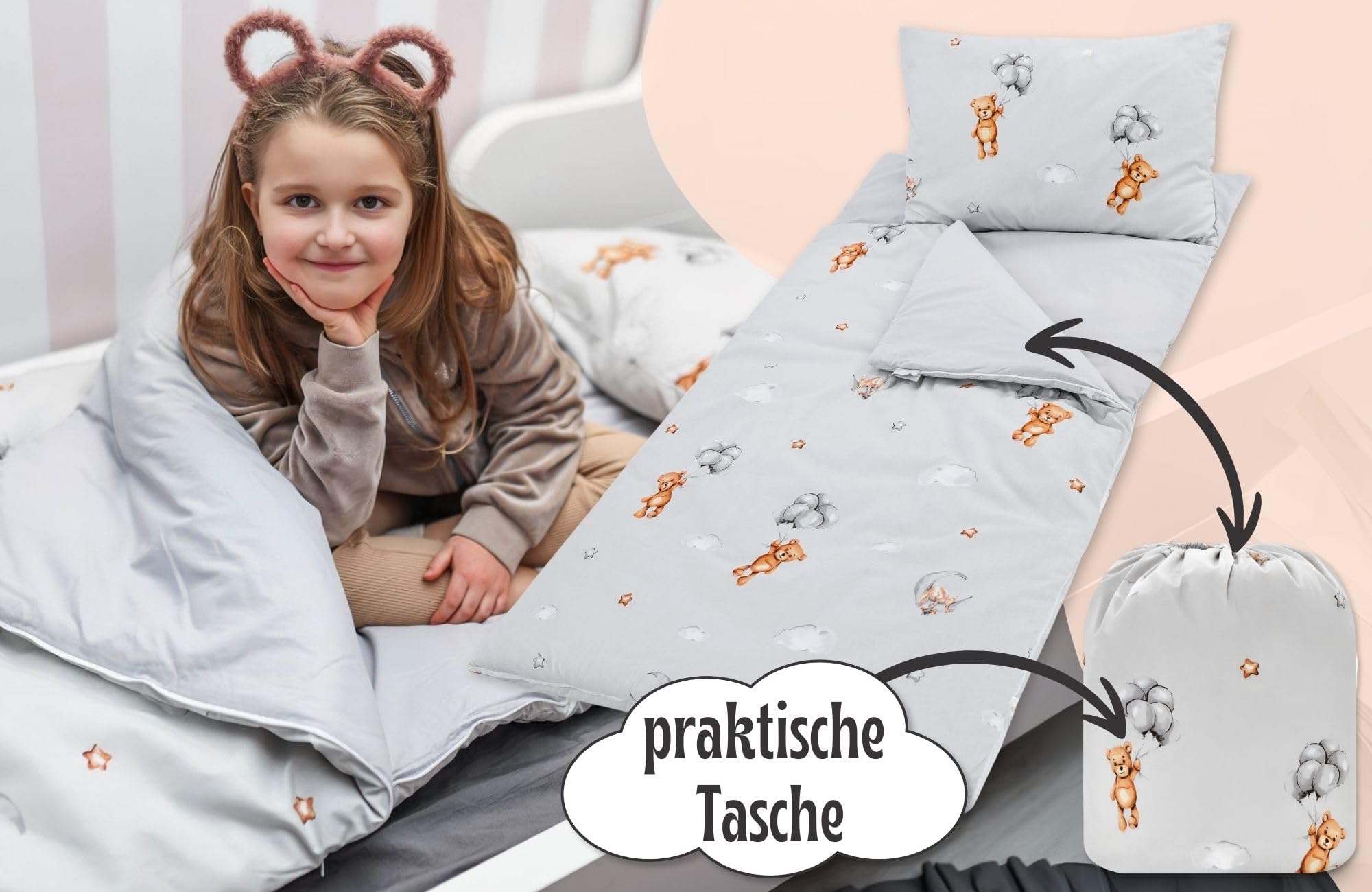 Sacco a pelo per bambini con cuscino e cerniera per bambini da 3 a 7 anni - 140 x 75 cm sacco a pelo per interni per asilo e scuola materna con coperta integrata Oeko-Tex