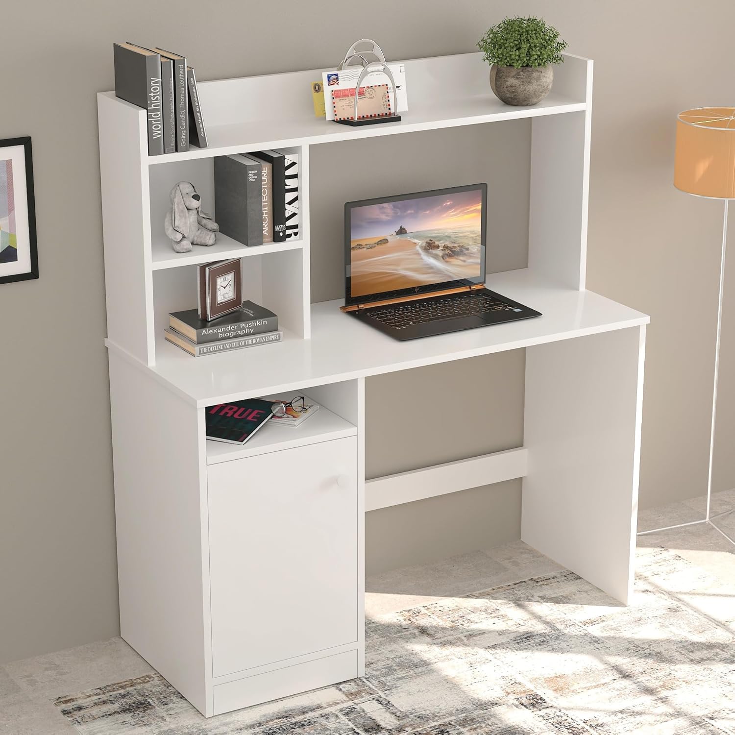 Callas Engineered Wood Study Table with Hutch & Cabinet Storage – Laptop Computer Desk for Home Office, Study, or Bedroom – Modern Workstation Table (N-ST-05-White)