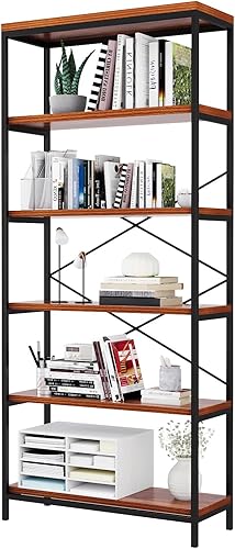 BATHWA Estantería industrial de 6 niveles, estantería de madera y metal, estantería vintage de almacenamiento independiente para sala de estar,