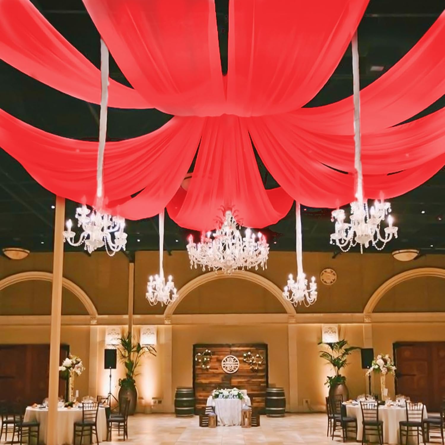 6 Panels Red Ceiling Drapes,5ftx20ft Red Wedding Sheer Chiffon Ceiling Drapes for Wedding/Party/Ceremony/Stage