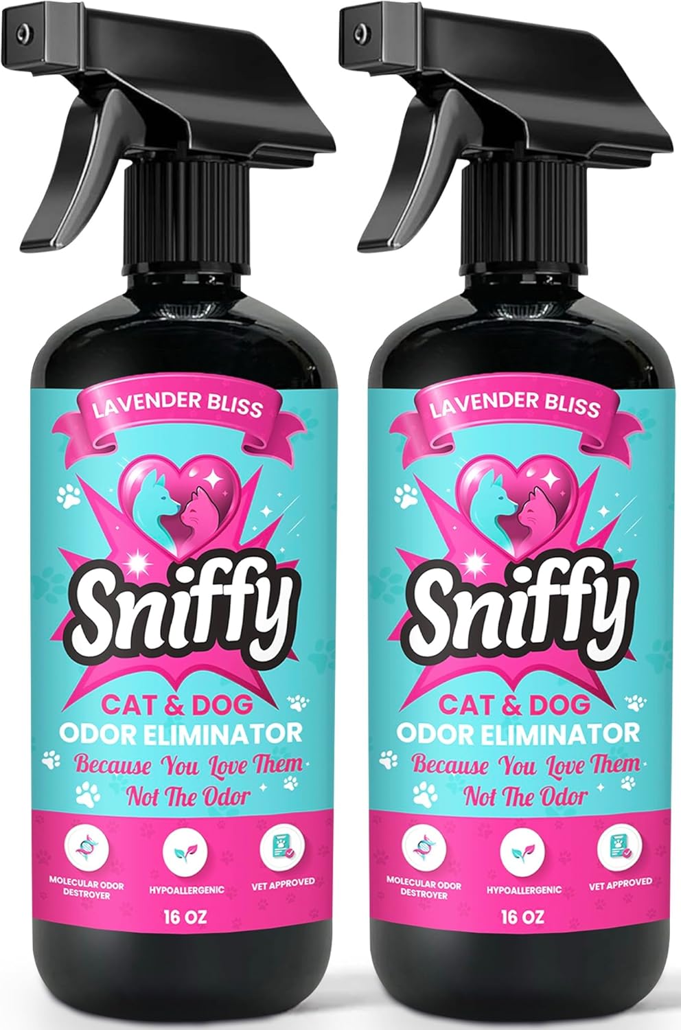 Sniffy Pet Odor Eliminator Spray Lavender Enzymatic Cleaner for Dog & Cat Urine, Litter Boxes, Carpets & Furniture, Hypoallergenic, Fabric-Safe, Vet-Approved, 2x16 oz Twin Pack, Made in USA