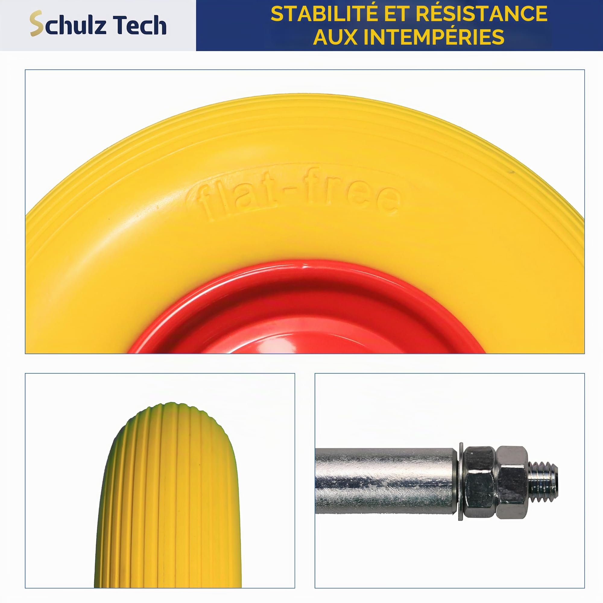 Roue de brouette en caoutchouc PU avec essieu, charge maximale 200 kg, 4.80/4.00-8, roue en caoutchouc anti-crevaison, pneu avec jante en acier, diamètre 390 mm, jaune/rouge