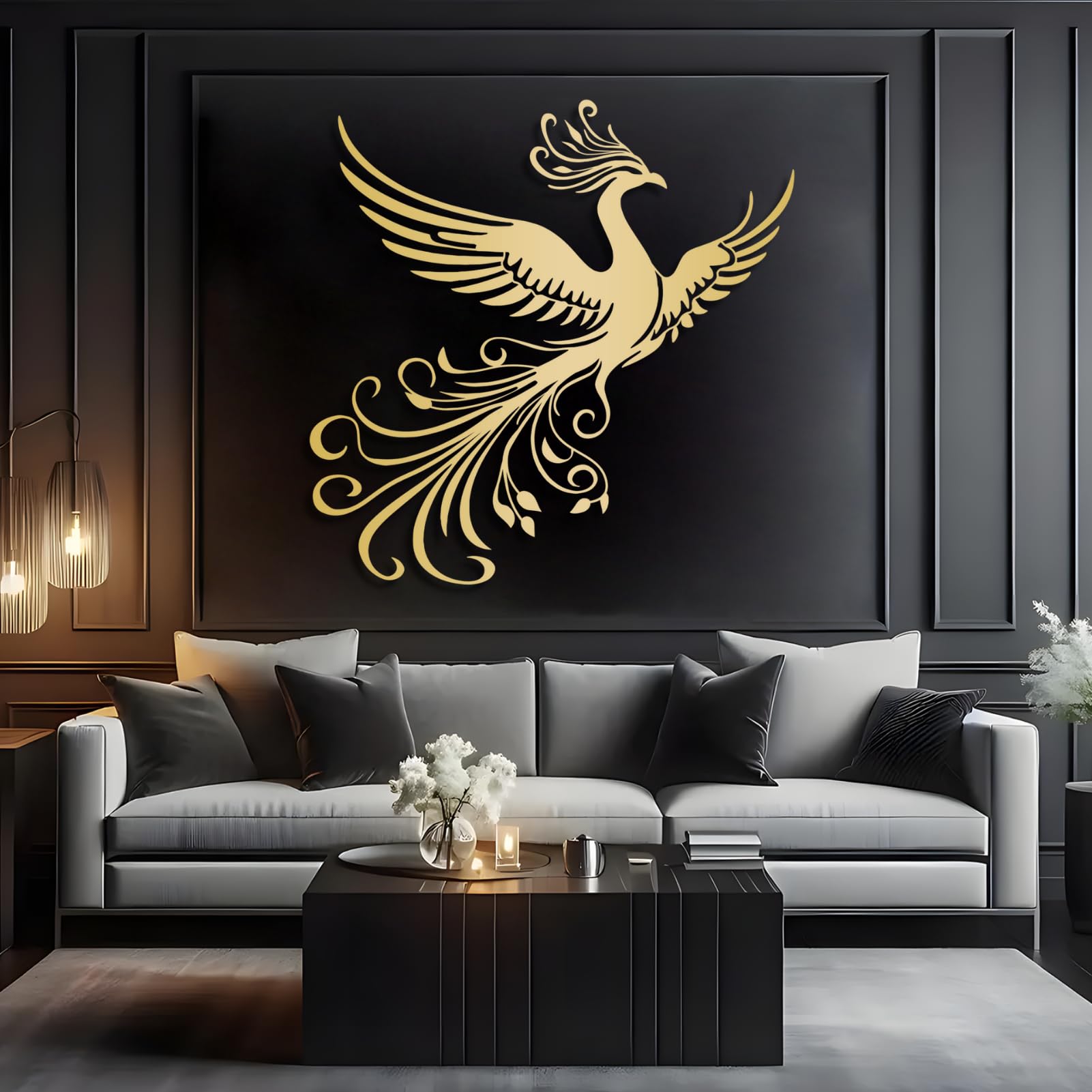 Oiseau mural métal doré phénix : décoration bohème moderne salon et chambre