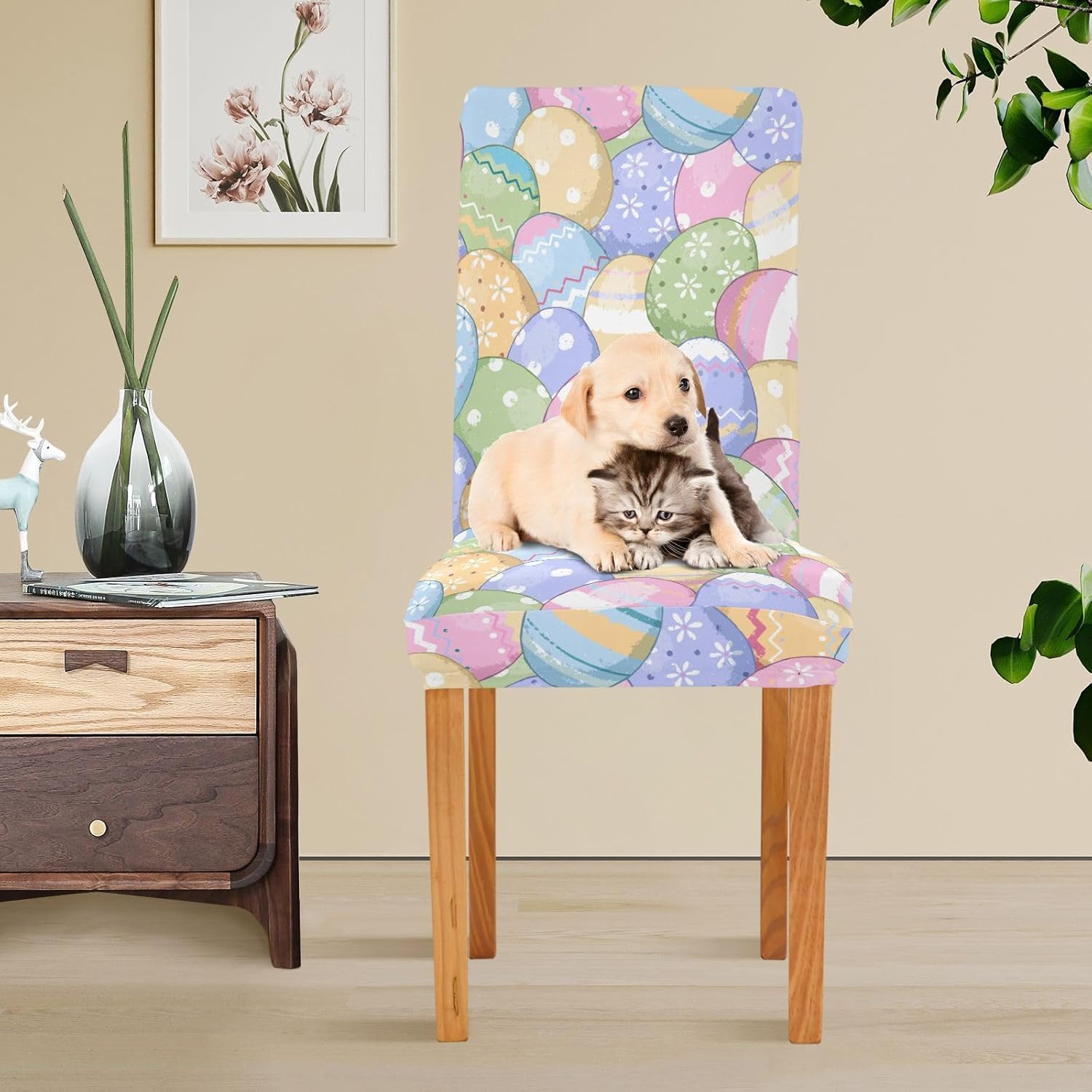 Easter Egg Dining Chair Covers Set of 4, Stretch Kitchen Chair Slipcover Washable Removable Chair Covers Protector for Dining Room, Hotel and Ceremony