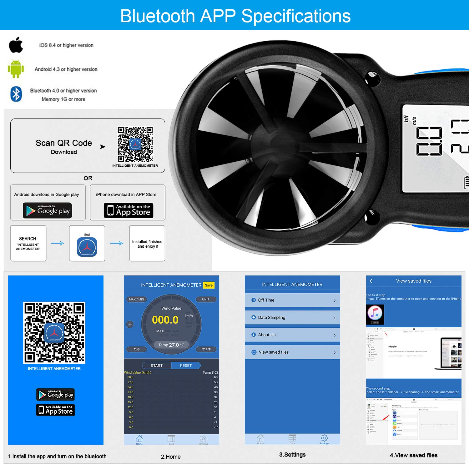 HP-866B-APP Anémomètre numérique portable avec application via Bluetooth, manomètres sans fil avec rétroéclairage, thermomètre avec indication du refroidissement éolien, MAX/MIN/AVG/courant