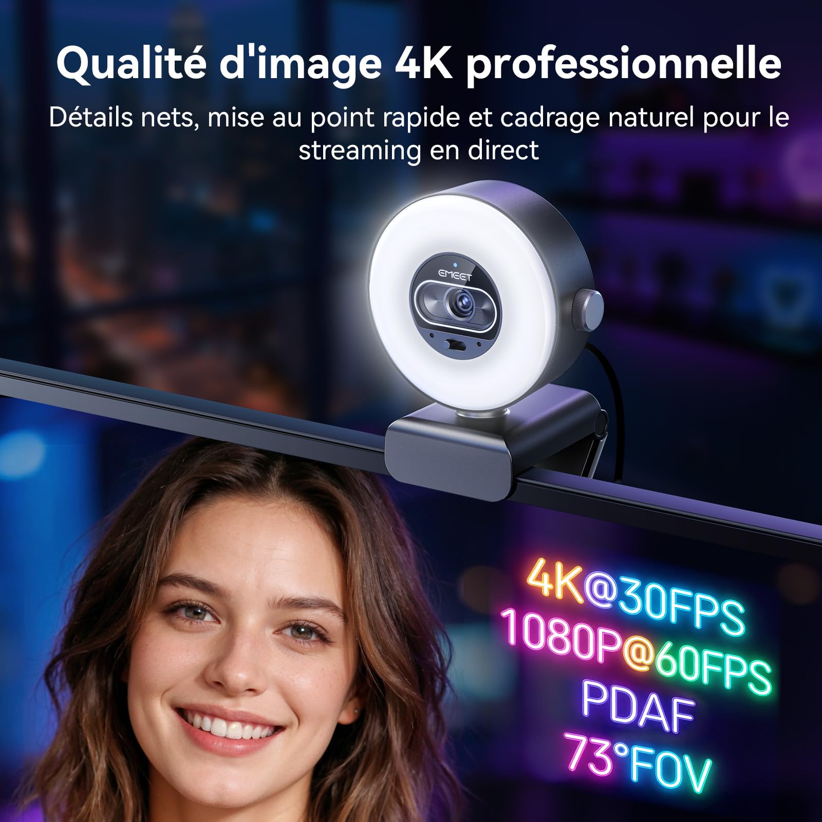 eMeet Webcam 4K S600L, 4 Modes d'éclairage, Effet Arc-en-Ciel, Capteur 1/2", Imagerie IA, PDAF 0,2 s, 2 Microphones, Molette de Réglage, Webcam 4K avec Lumière pour OBS/Twitch/Youtube/Zoom/PC/Mac